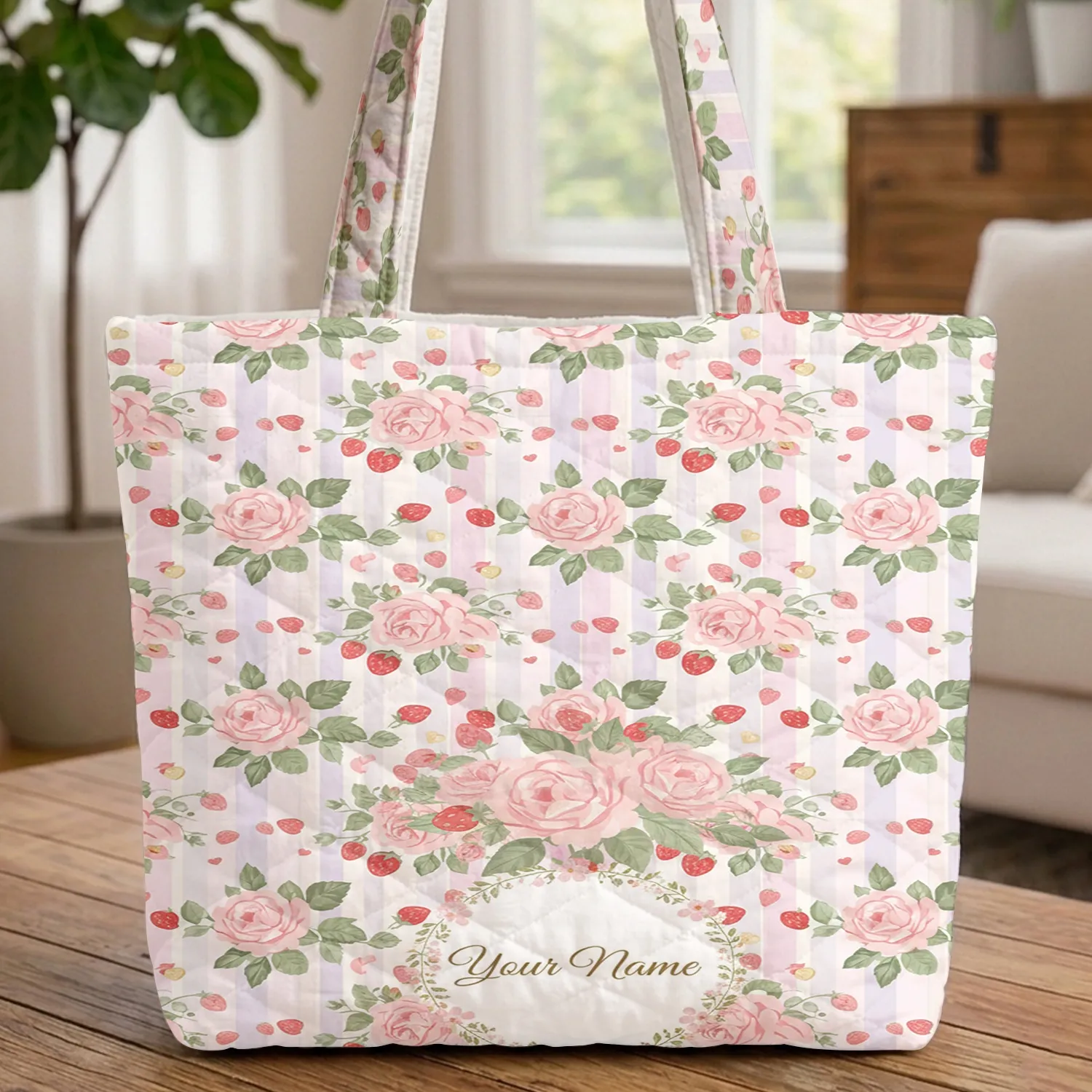 Pink Roses Strawberries Floral Wreath Your Name - Everyday Gift Quilted Tote Bag - 1