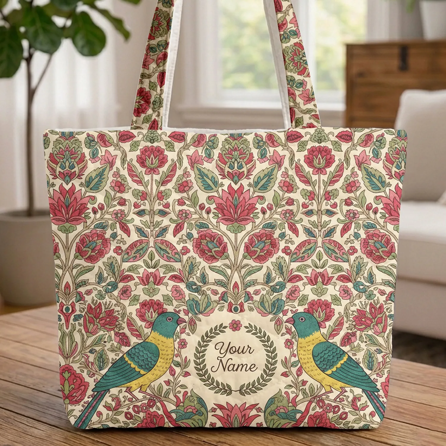 Indian Chintz Floral Ornate Exotic Birds Floral Wreath Name Boho Lifestyle Gift Quilted Tote Bag - 1