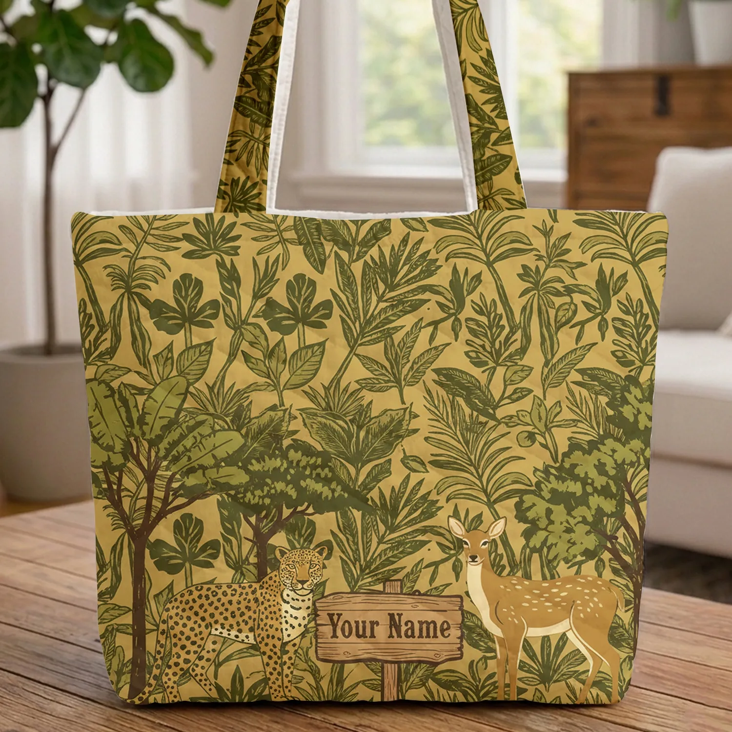 Leopard Deer Distressed Wooden Sign Tropical Jungle - Personalized Wildlife Gift Quilted Tote Bag - 1