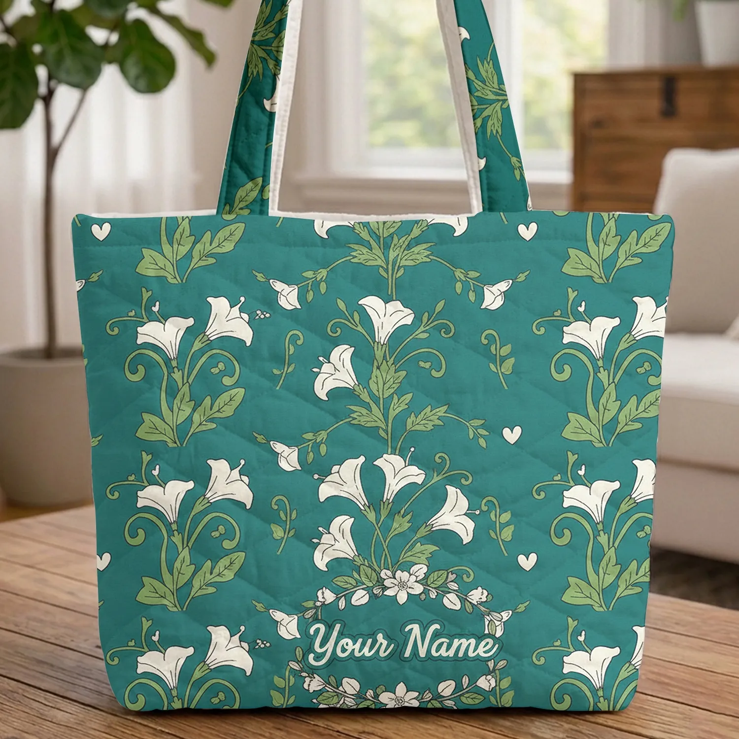 White Trumpet Flowers Botanical Wreath Personalized Name - Nature Lover Gift Quilted Tote Bag - 1