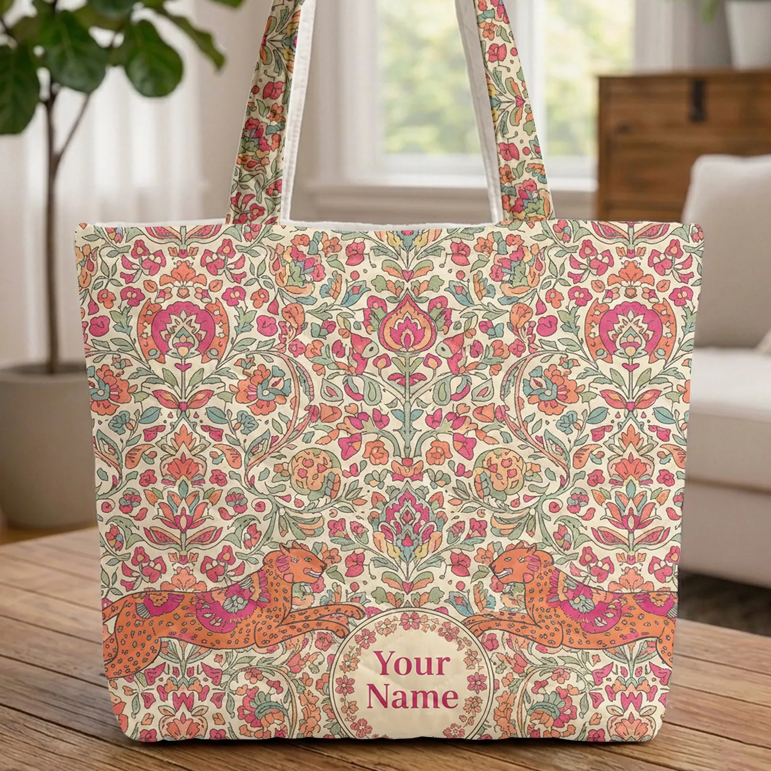 Leaping Felines Botanical Floral Paisley Personalized Name - Wildlife Lover Gift Quilted Tote Bag - 1