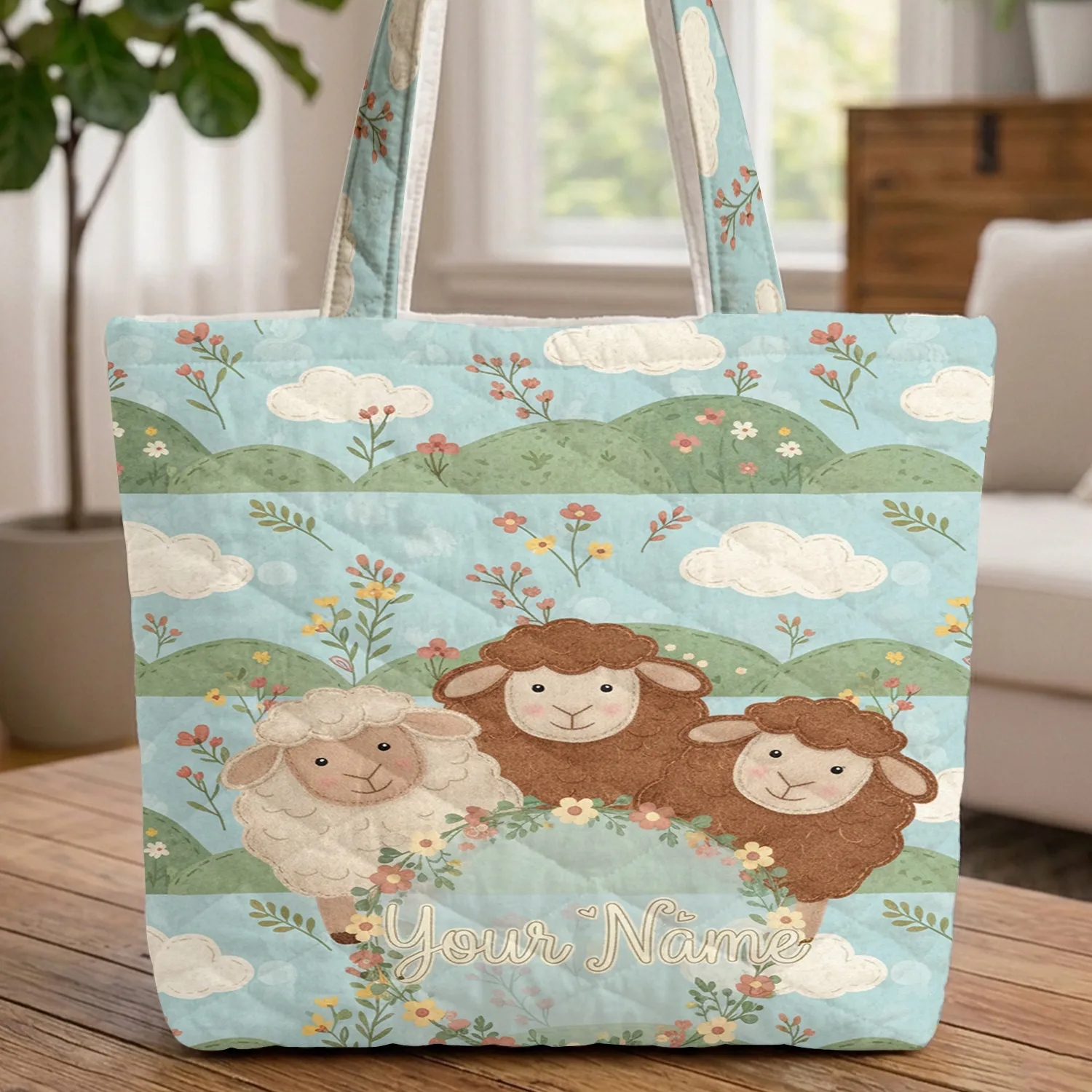 Personalized Name Sheep Rolling Hills Wildflower Wreath - Nursery Decor Gift Quilted Tote Bag - 1