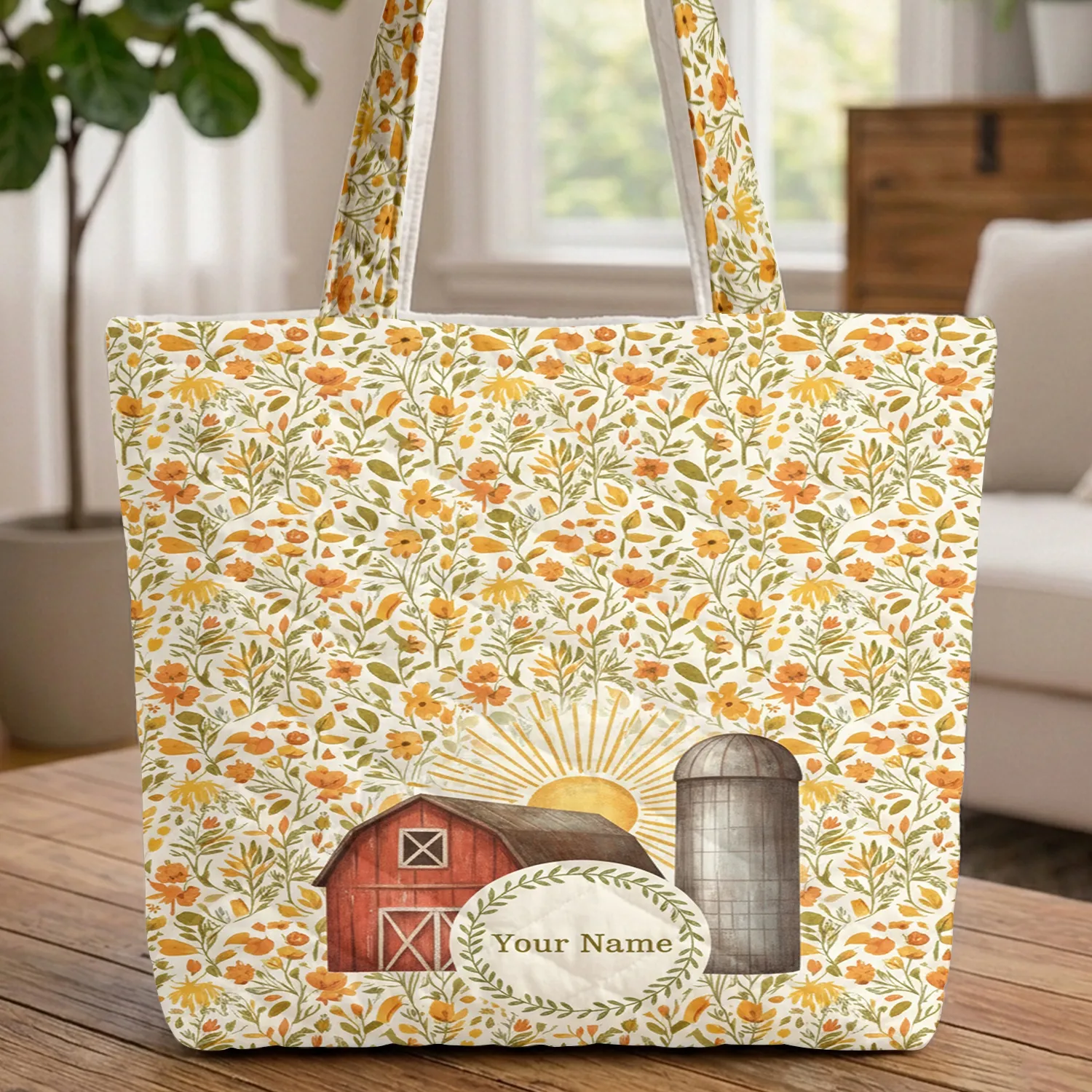 Personalized Name Barn Silo Wildflowers Sunrise - Farmhouse Decor Gift Quilted Tote Bag - 1