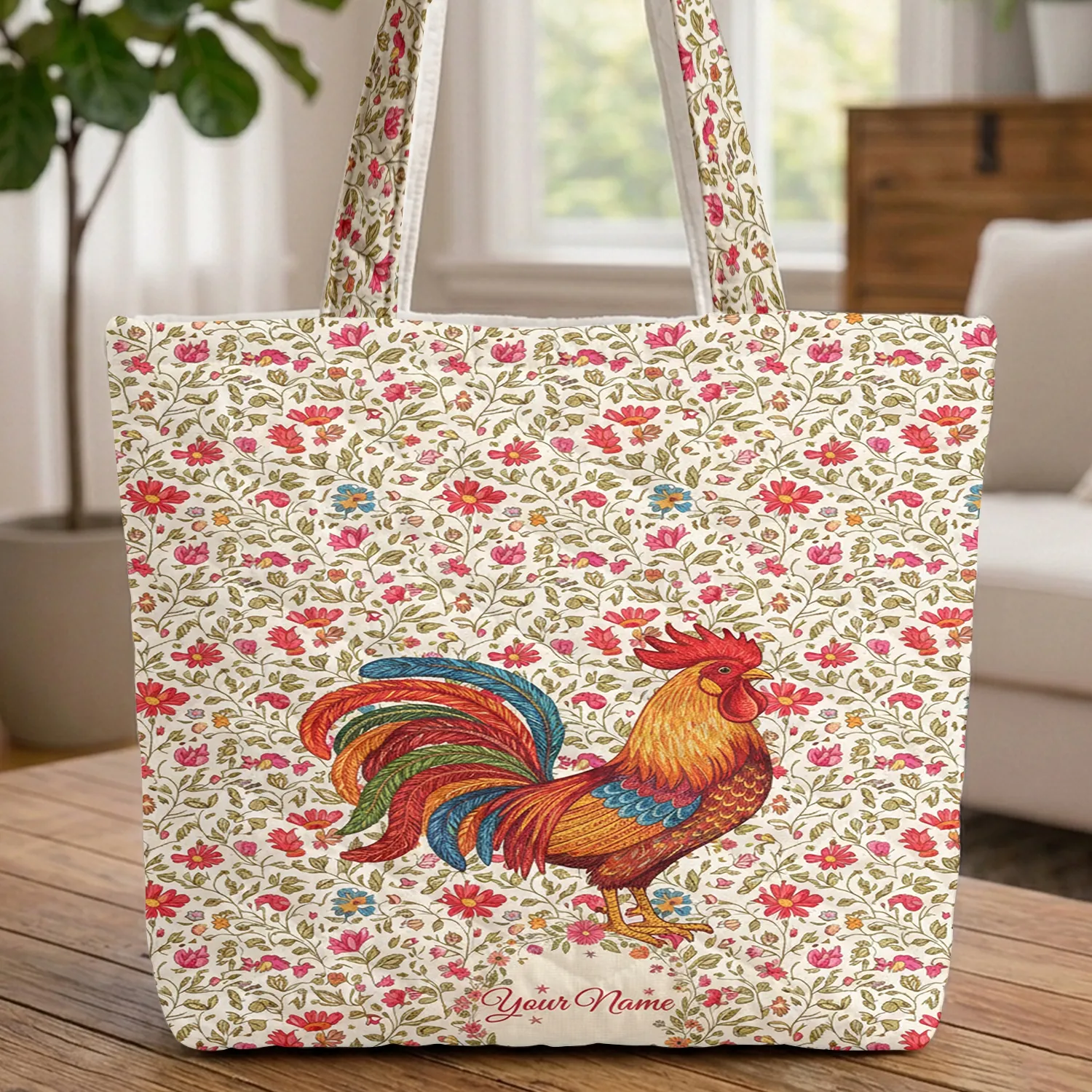 Intricate Floral Rooster Personalized Gift - Farmhouse Home Decor Quilted Tote Bag - 1