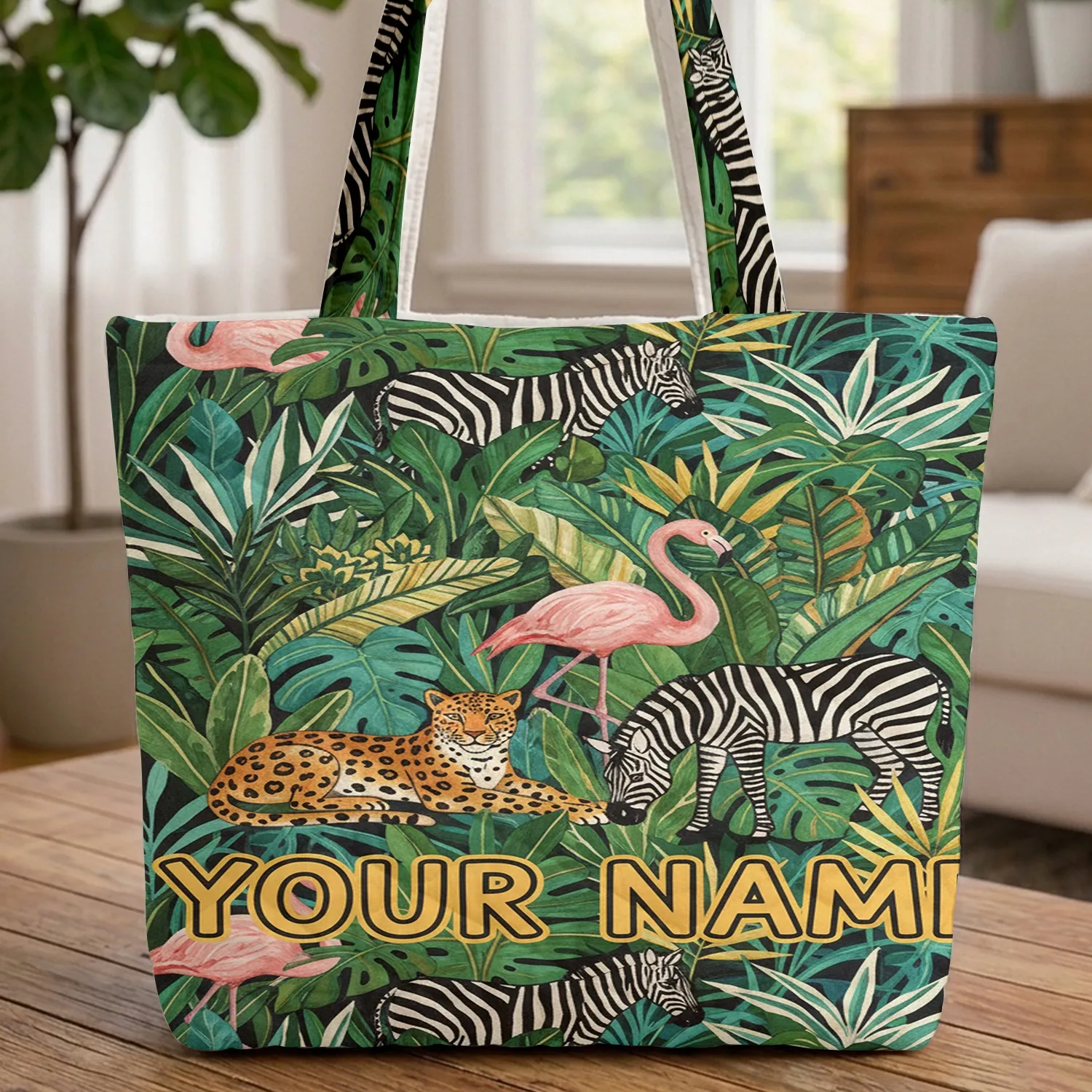 Leopard Flamingo Zebra Tropical Jungle Foliage Wildlife Lover Gift Quilted Tote Bag - 1