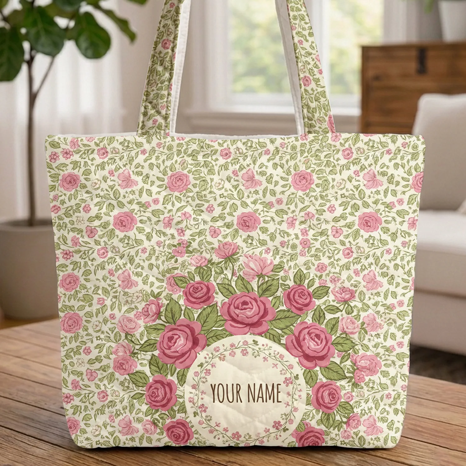 Pink Roses Green Leaves Wreath Name - Everyday Floral Botanical Gift Quilted Tote Bag - 1