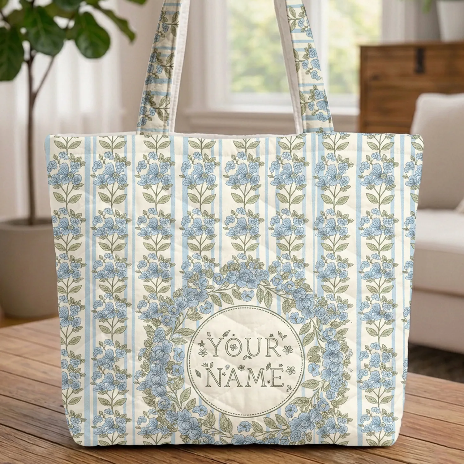 Ornate Floral Wreath Name Blue Flower Sage Leaf - Everyday Carry Gift Quilted Tote Bag - 1