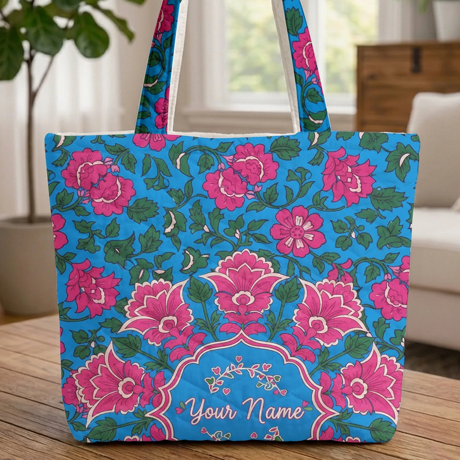 Ornate Fuchsia Pink Green Indian Floral Wreath Leaf Garland Blue Field - Everyday Lifestyle Gift Quilted Tote Bag - 1