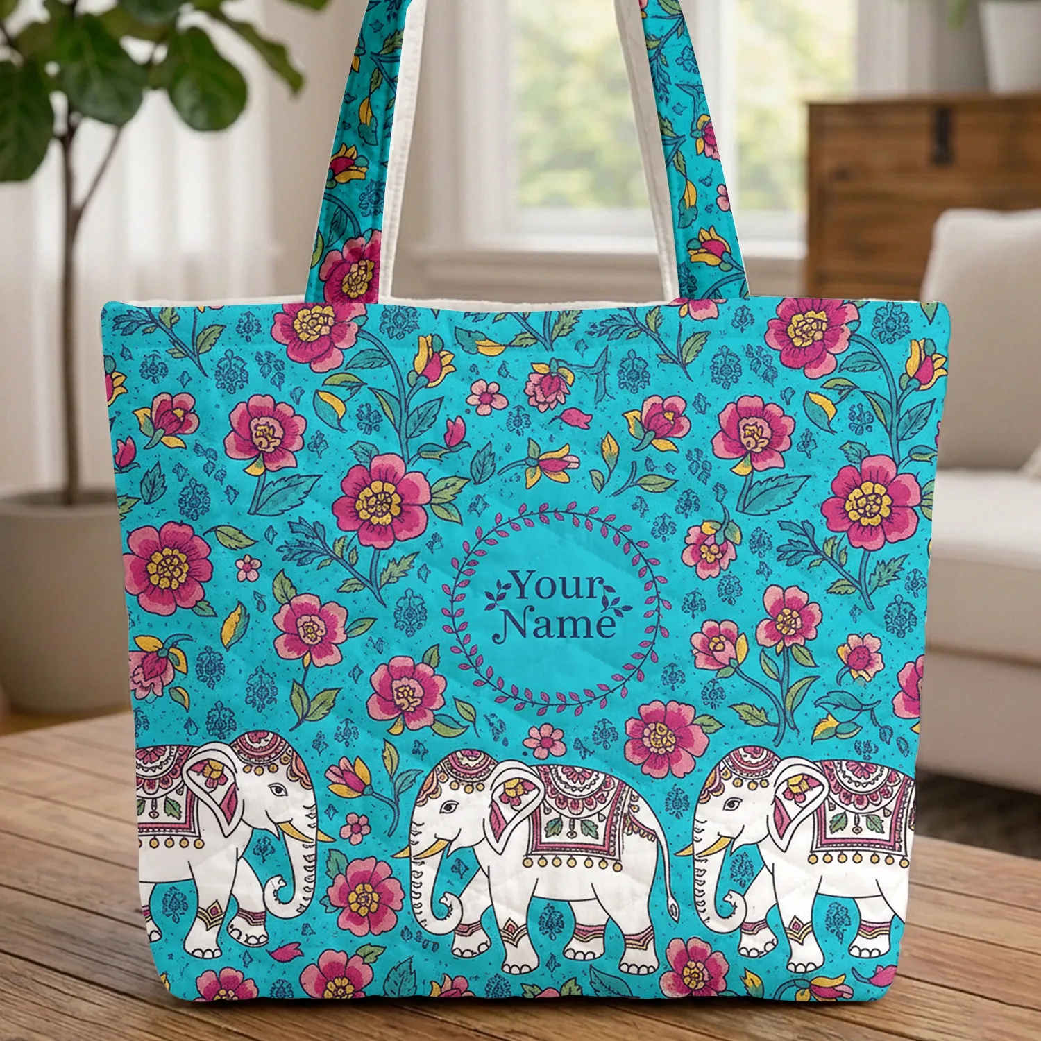 Ornate Indian Elephants Rose Floral Wreath Personalized Gift Quilted Tote Bag - 1