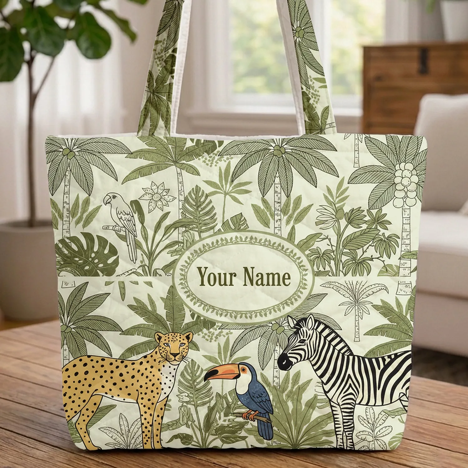 Leopard Zebra Toucan Tropical Foliage - Everyday Tote Wildlife Lover Quilted Tote Bag - 1