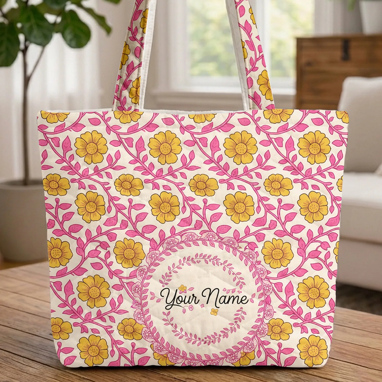 Daisy Vine Floral Wreath Name - Boho Lifestyle Gift Quilted Tote Bag - 1