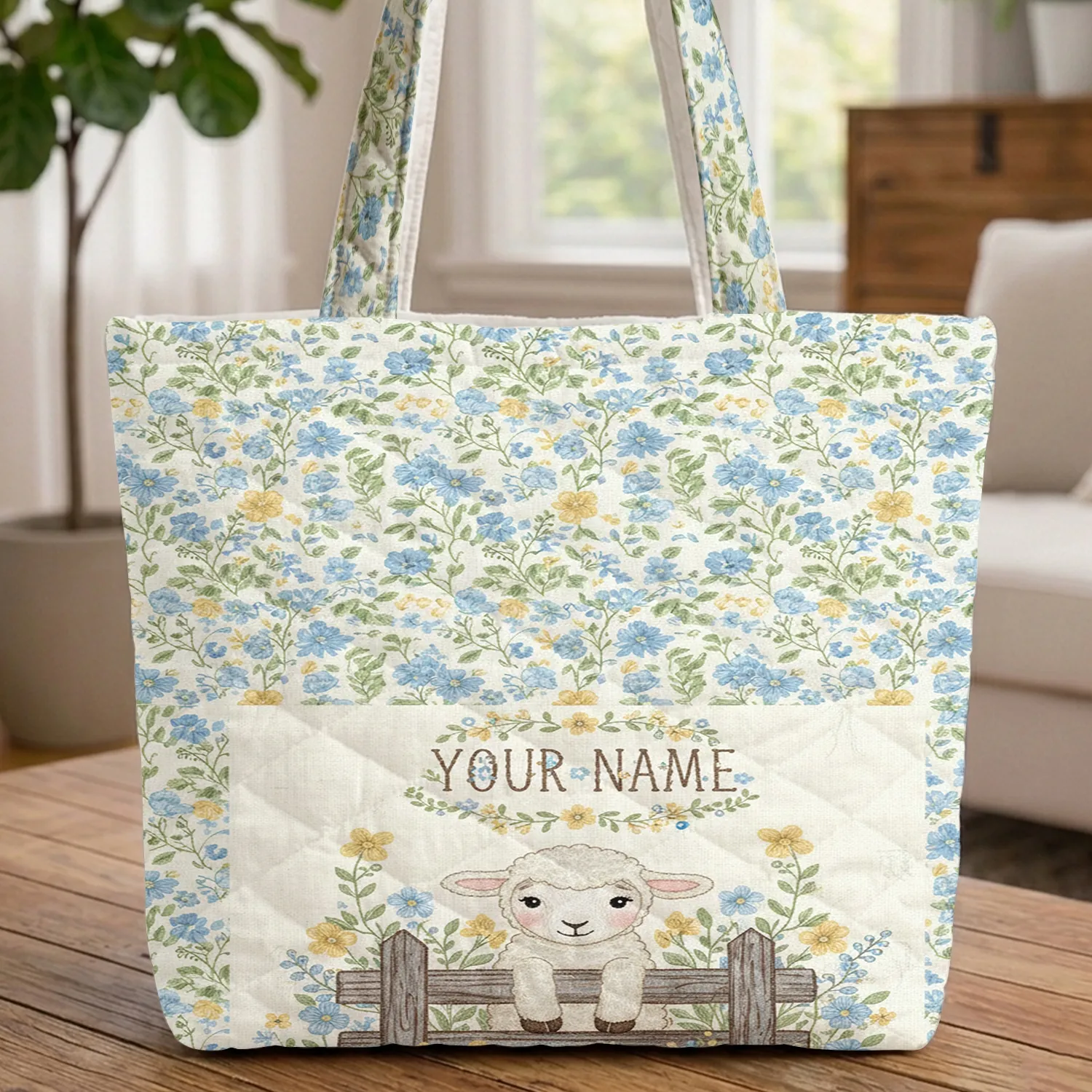 Lamb Rustic Wooden Fence Wildflower Floral Wreath - Storybook Gift for Child Quilted Tote Bag - 1