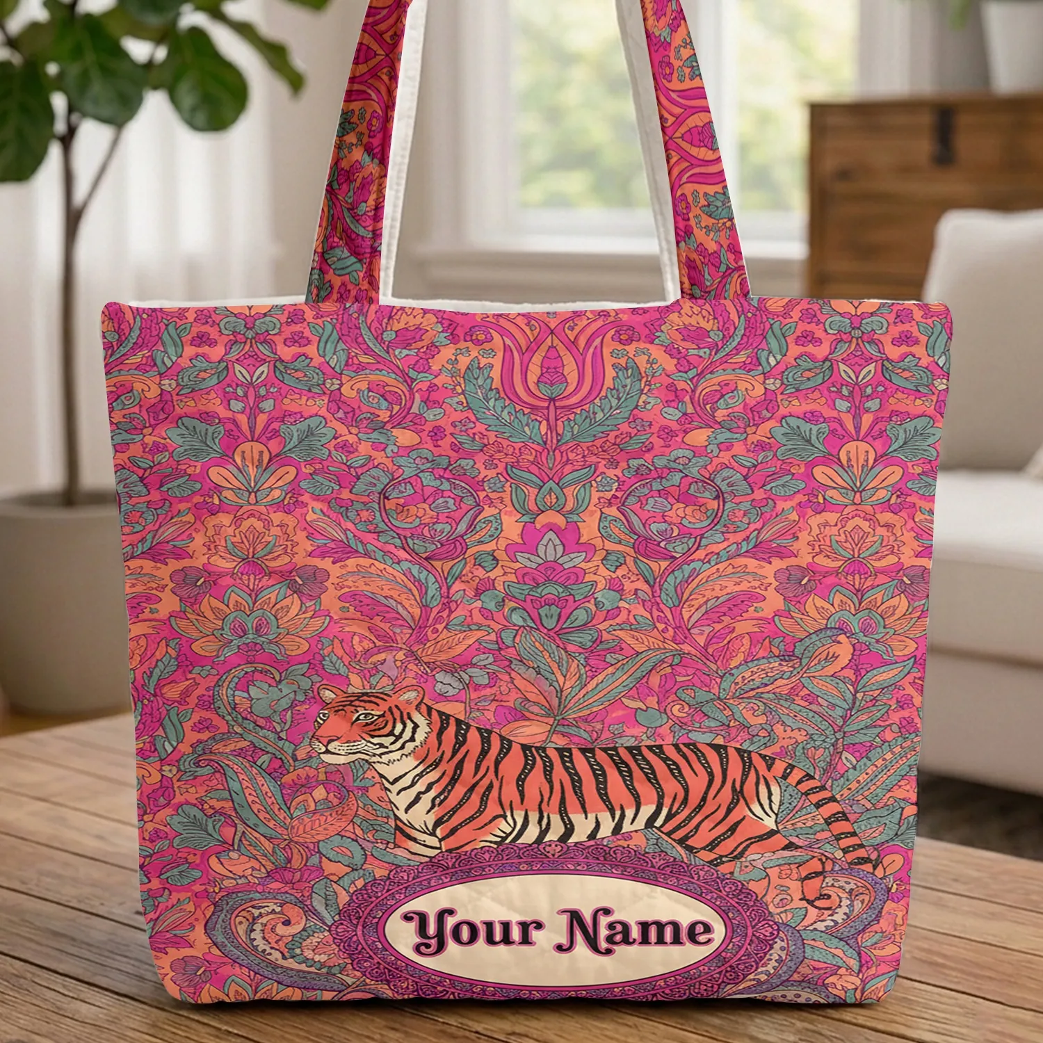 Majestic Tiger Indian Floral Tulips Personalized Name - Botanical Wildlife Gift Quilted Tote Bag - 1