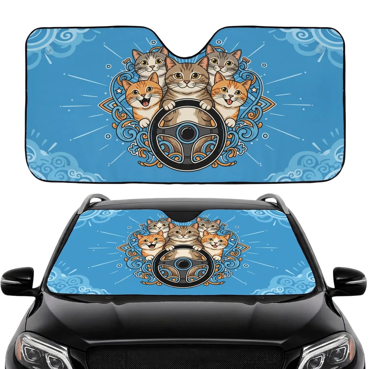 Four Cats Driving Wheel Road Trip - Auto Interior Decor Gift for Cat Lovers Car Sunshade - 1