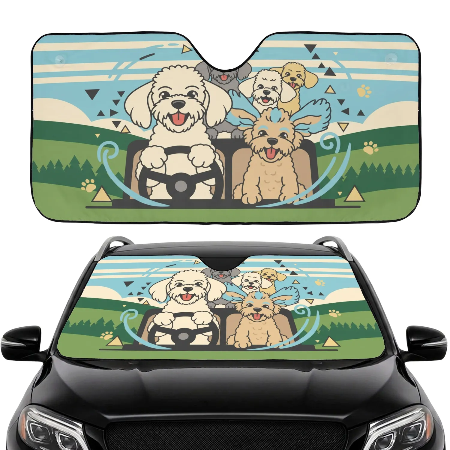 Poodle-mix Dogs Driving Speed Lines Paw Prints - Road Trip Gift for Dog Lover Car Sunshade - 1