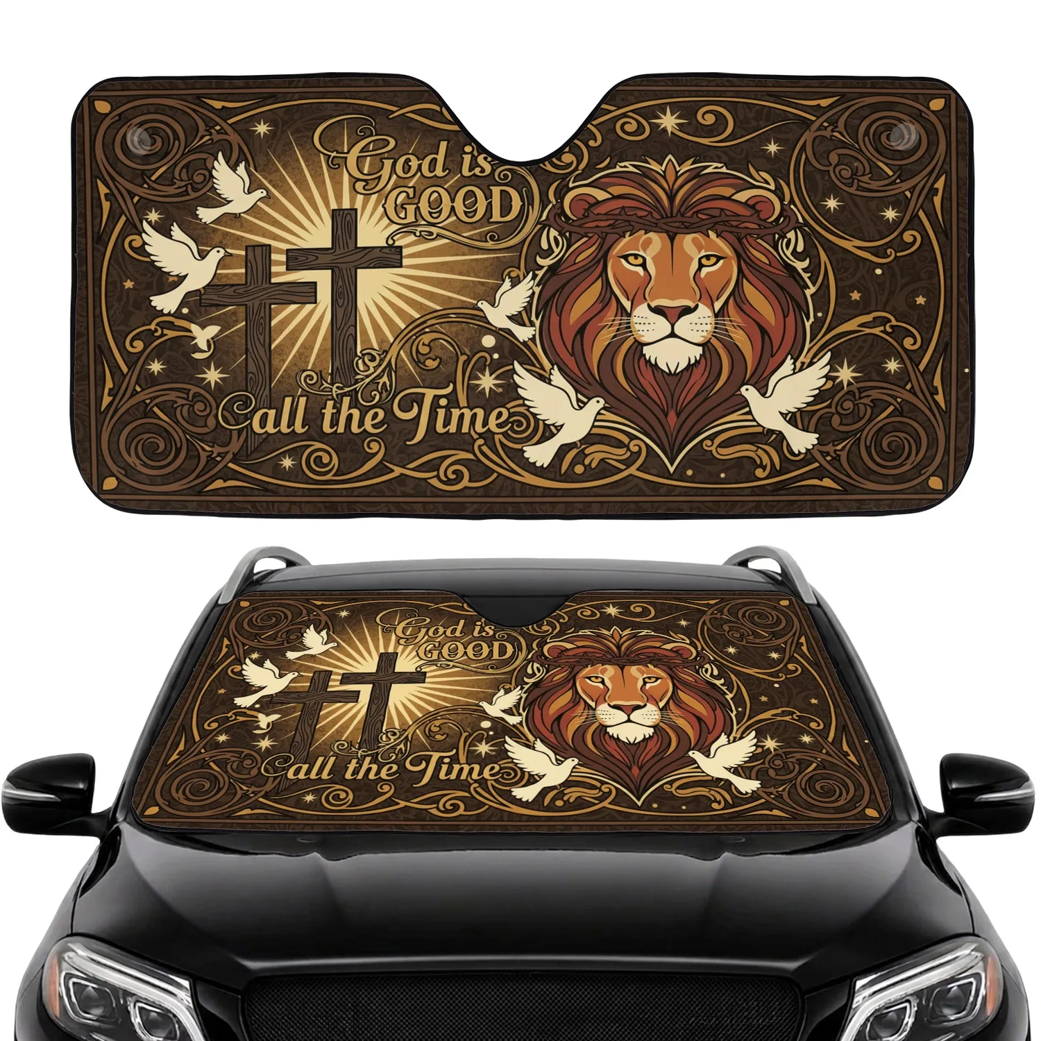 Lion Crown Thorns Cross Doves God is Good - Spiritual Faith Gift Car Sunshade - 1