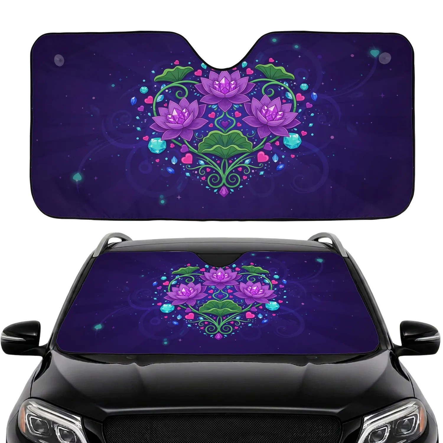 Purple Lotus Amethyst Heart Vine Gemstone Accents - Vehicle Interior Accessory Car Sunshade - 1