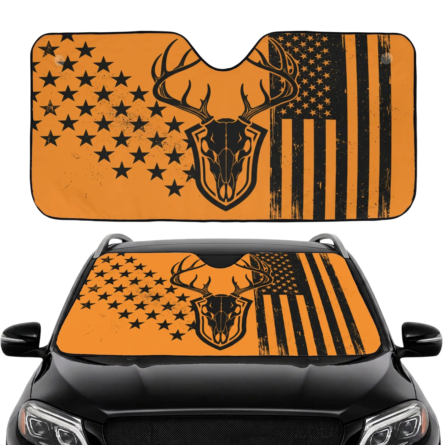 Deer Skull Intricate Antlers American Flag Distressed - American Heritage Patriotic Gift Car Sunshade - 1