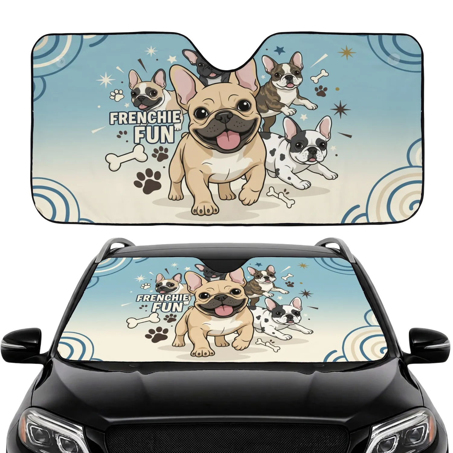 Fawn French Bulldog Pack Paw Prints Bone Shapes Star Bursts - Dog Lover Gift for Pet Owners Car Sunshade - 1