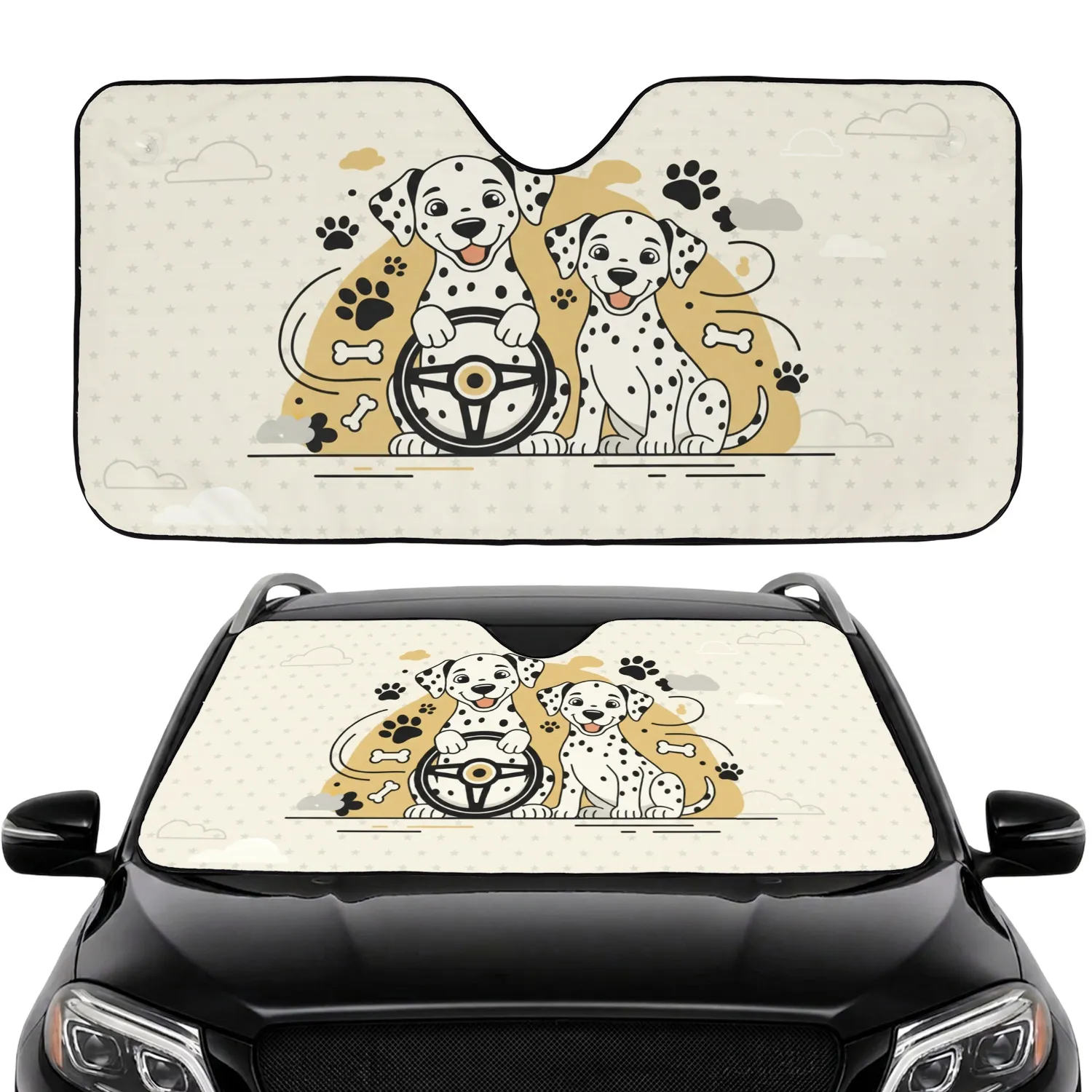 Dalmatian Puppies Steering Wheel Road Paw Prints Car Decor - Pet Lover Gift Car Sunshade - 1