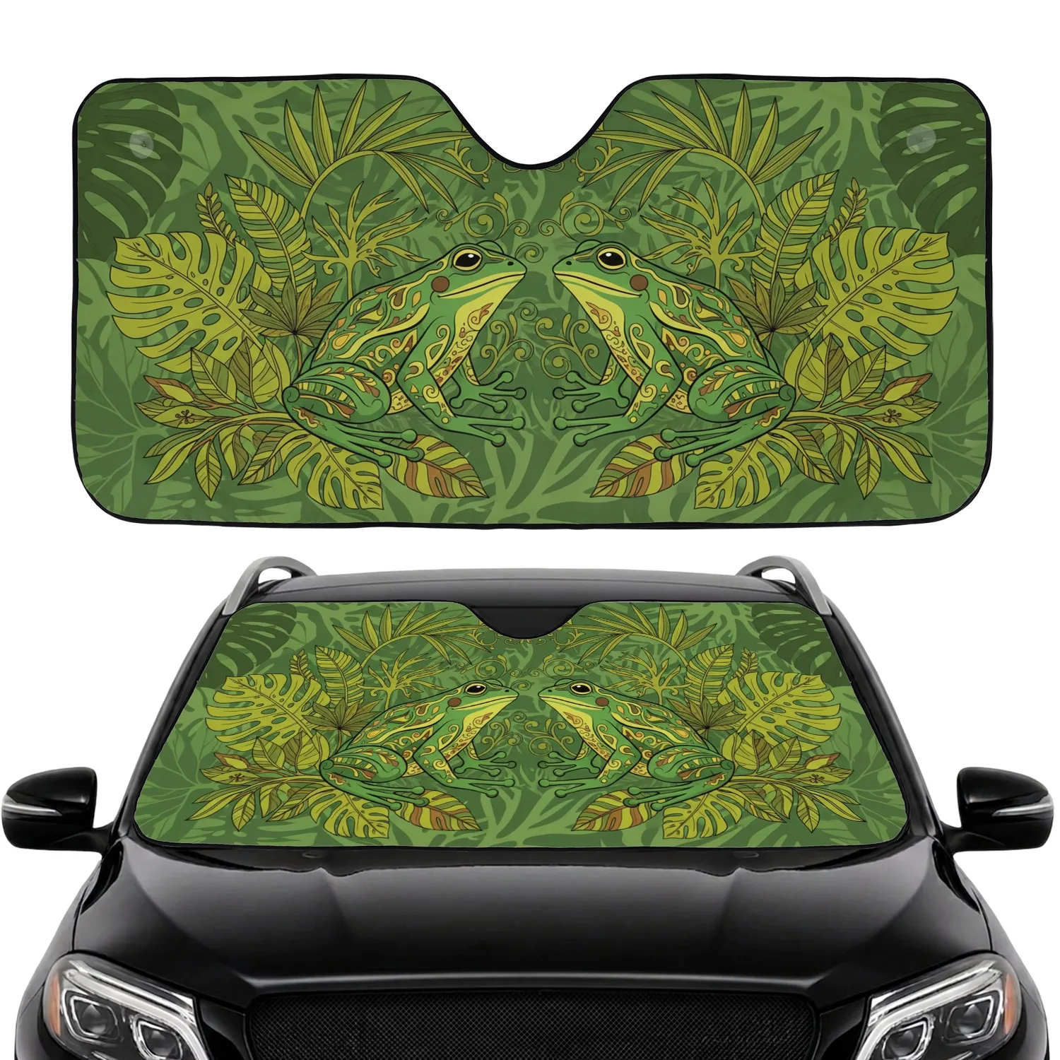 Emerald Frogs Tropical Palm Monstera Foliage - Wildlife Lover Gift Car Sunshade - 1