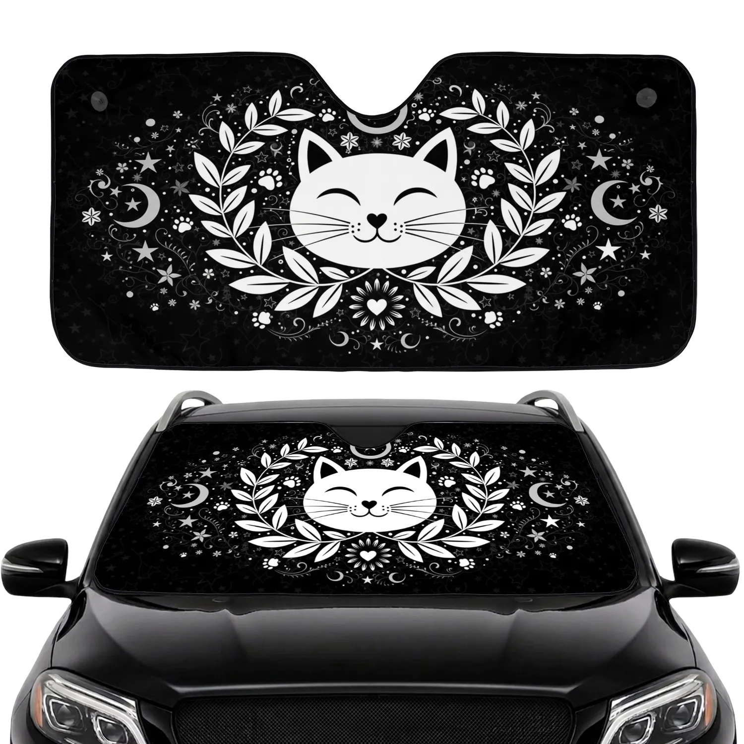 Cat Face Leafy Branches Moons Stars - Cat Lover Home Decor Gift Car Sunshade - 1
