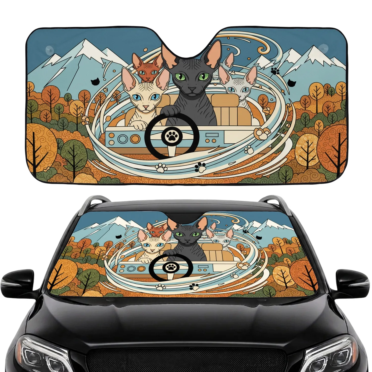 Sphynx Cats Driving Mountain Road Trip - Cat Lover Vehicle Decor Gift Car Sunshade - 1