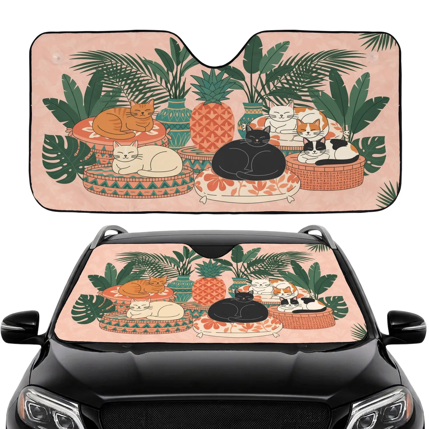 Six Domestic Cats Tropical Foliage Geometric Pineapple - Home Decor Gift for Cat Lovers Car Sunshade - 1