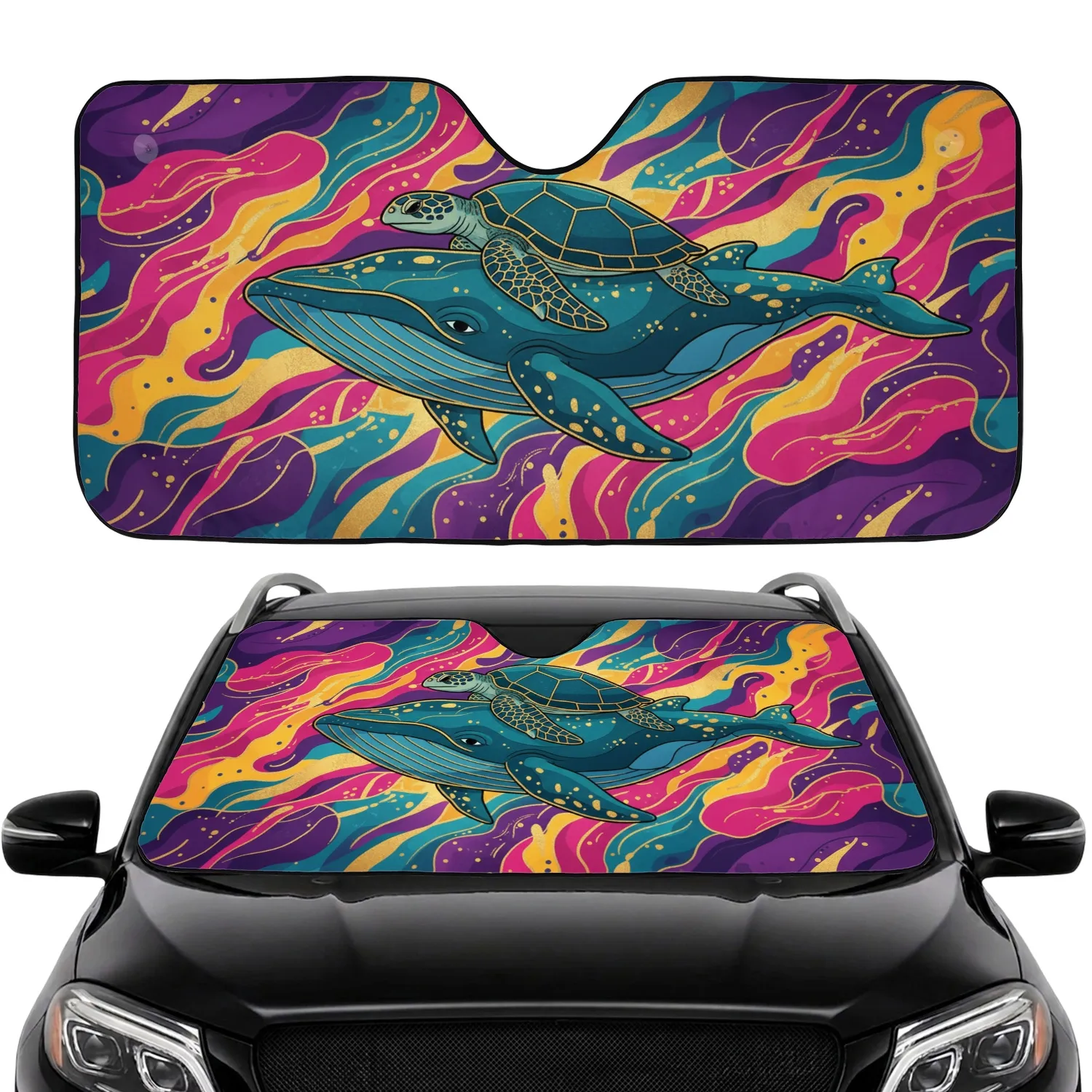 Majestic Whale Serene Sea Turtle Swirling Gold Lines - Ocean Life Lover Gift Car Sunshade - 1