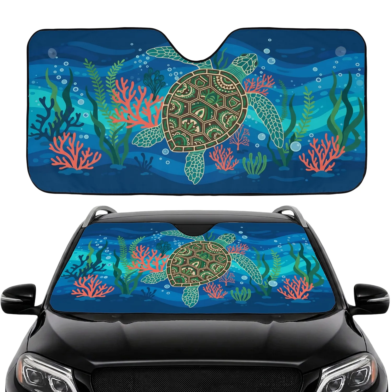 Intricate Sea Turtle Coral Kelp - Ocean Life Decor Gift for Wildlife Lover Car Sunshade - 1