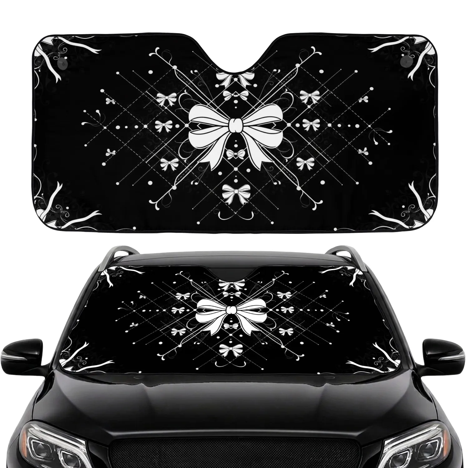 Intertwined White Bows Pearl Dots Diamond Lattice - Vehicle Decor Gift Car Sunshade - 1