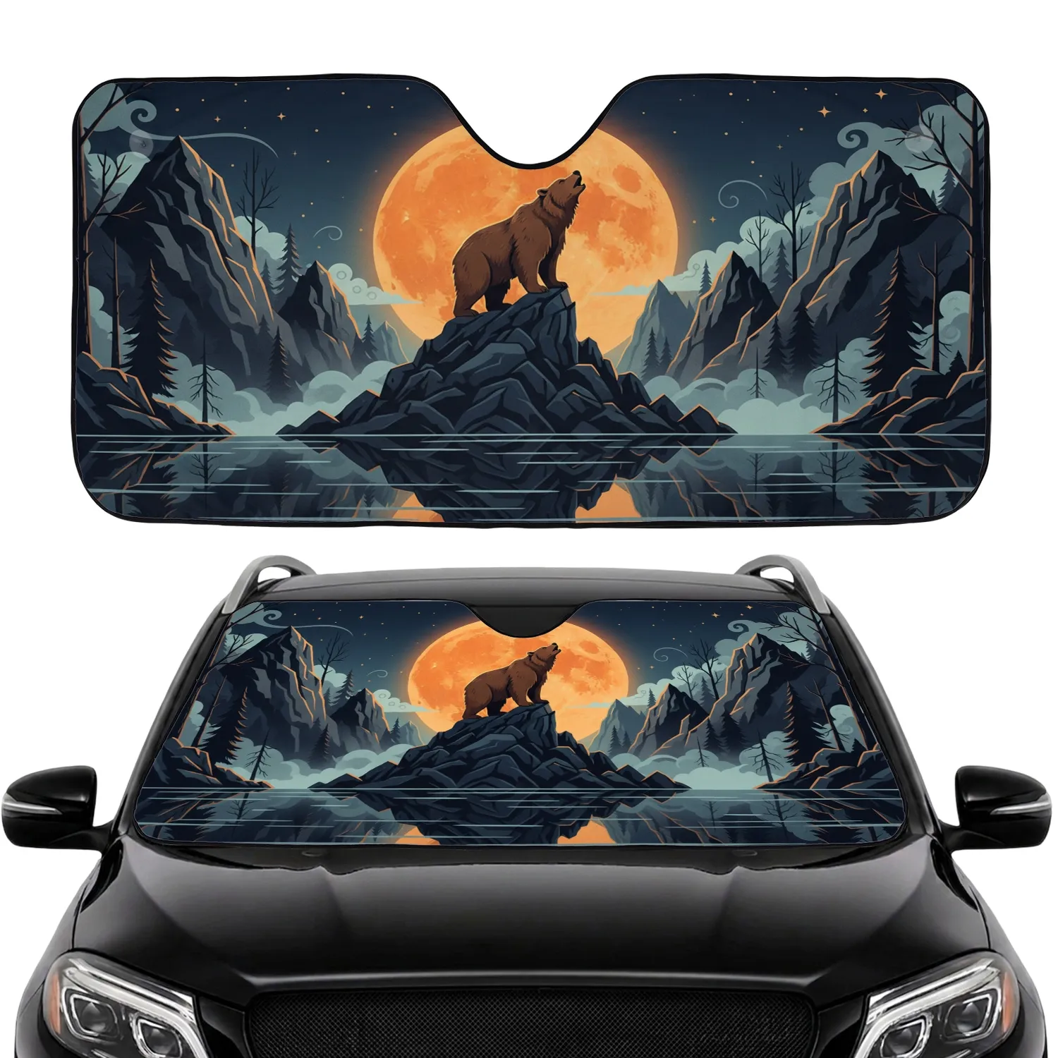 Majestic Brown Bear Howl Full Moon Mountain Range - Wildlife Lover Gift Car Sunshade - 1