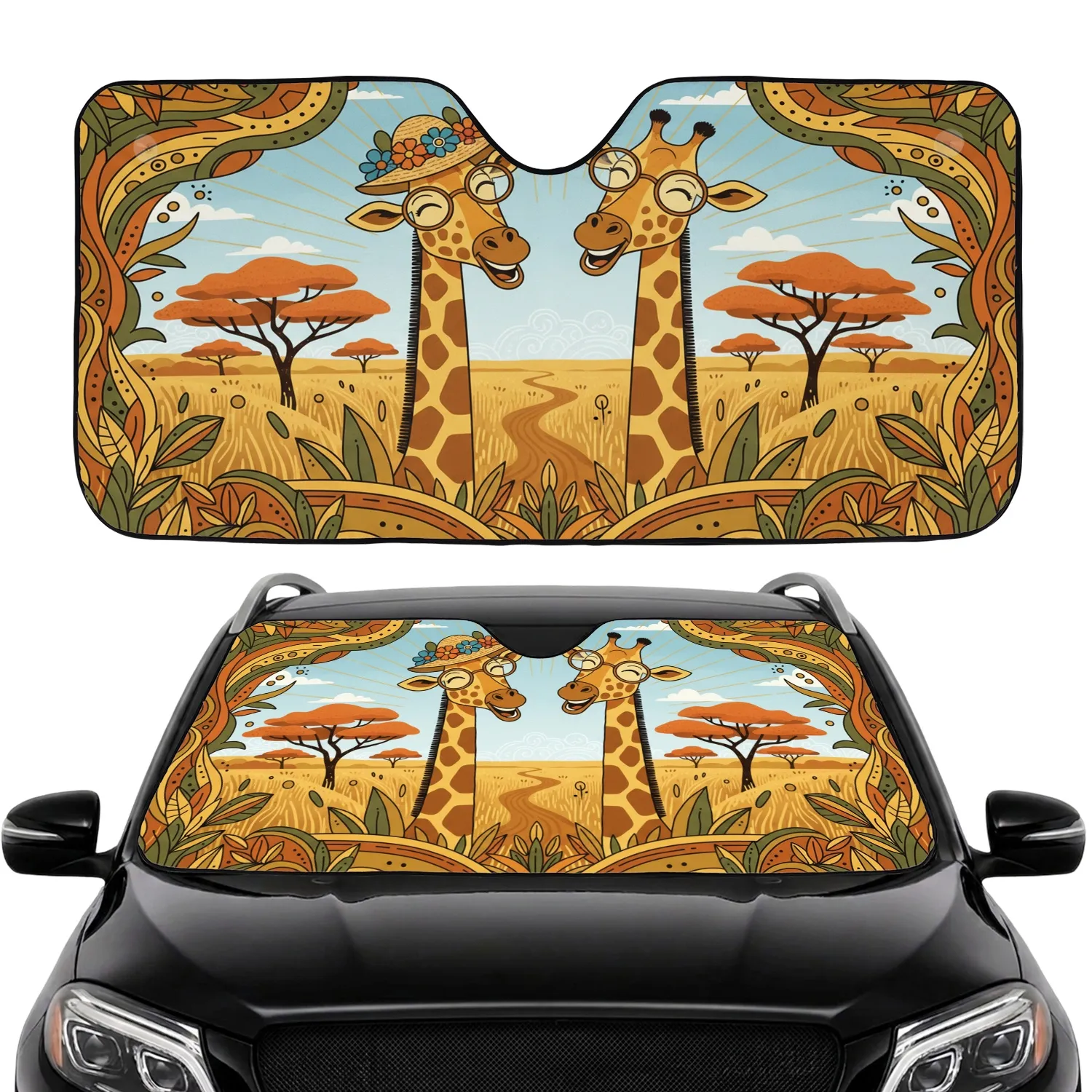 Expressive Giraffes Straw Hat Spectacles Savannah Landscape - Giraffe Lover Gift Car Sunshade - 1