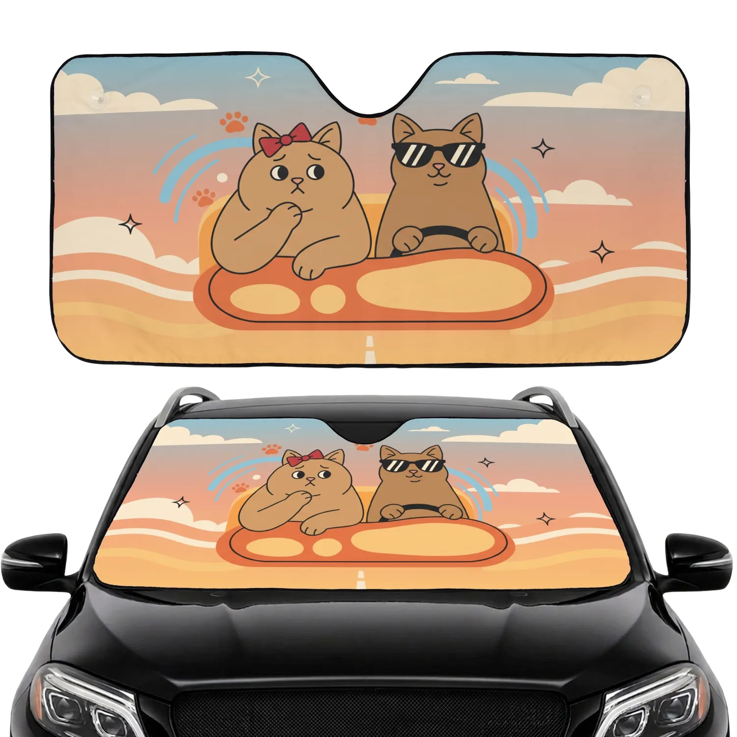 Cats with Sunglasses Red Bow Steering Wheel Drive - Everyday Car Travel Essential Car Sunshade - 1