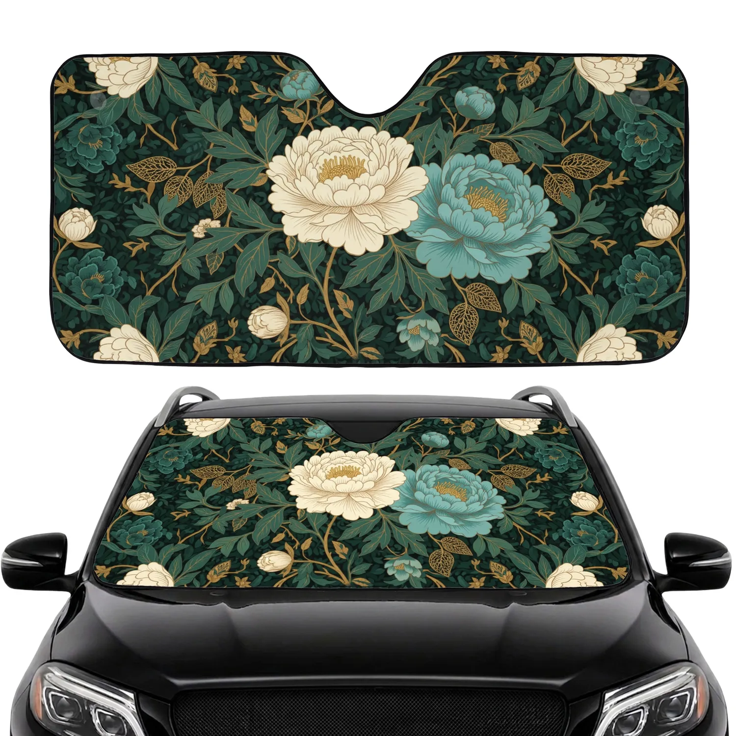 Rich Opulent Creamy Peony Bluish Green Floral Tapestry Car Sunshade - 1