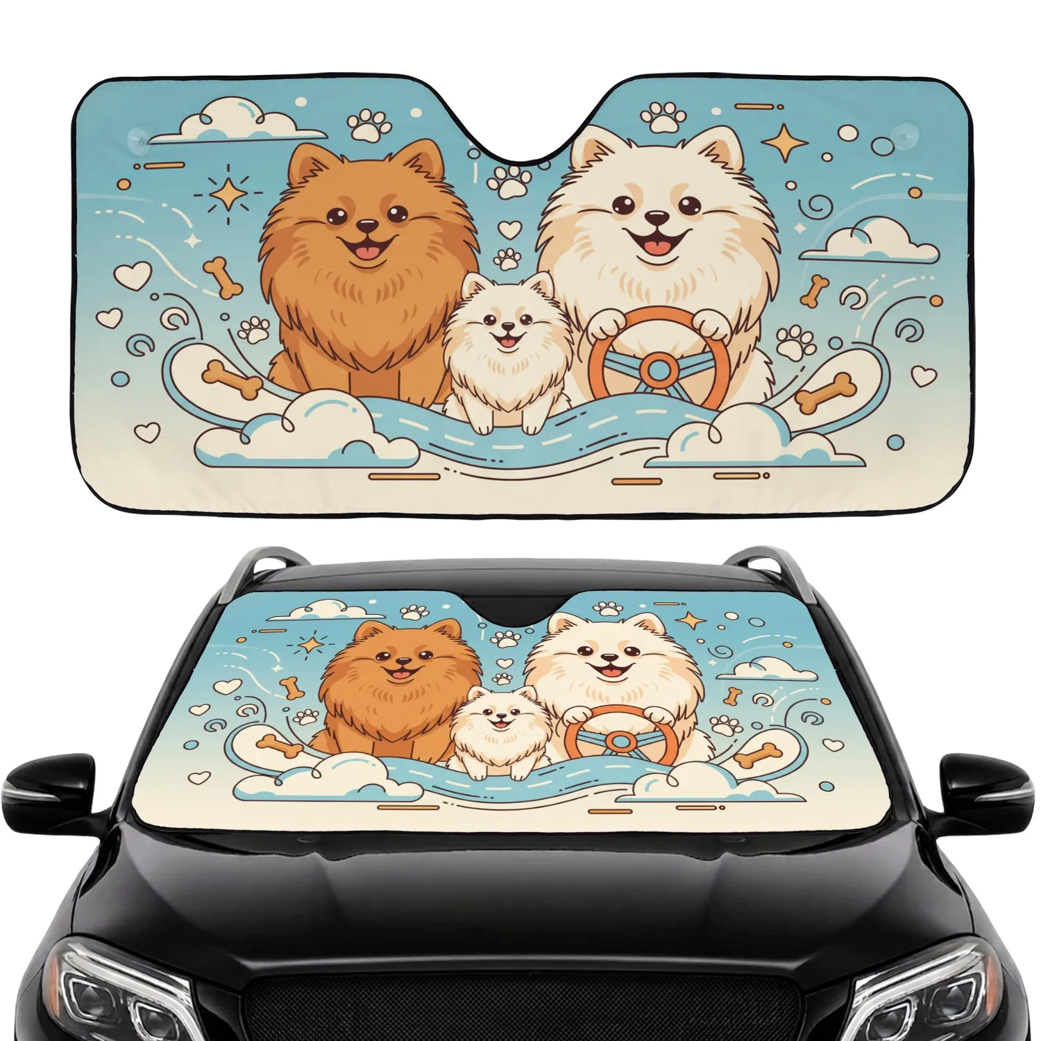 Fluffy Pomeranian Dogs Steering Wheel Road Trip Paw Prints - Pet Owner Gift Car Sunshade - 1