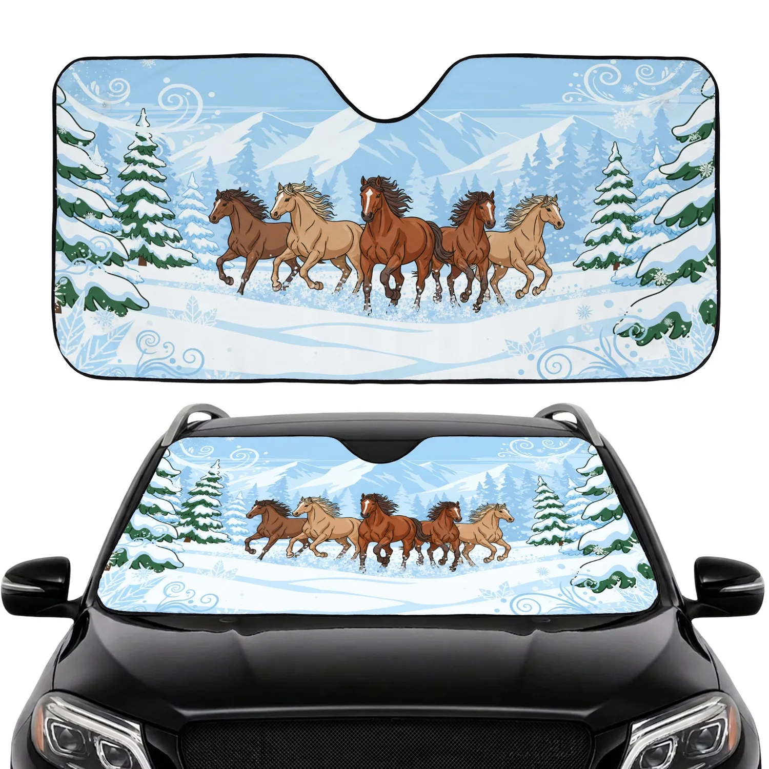 Galloping Horses Snow Forest Mountains - Wildlife Lover Gift Car Sunshade - 1