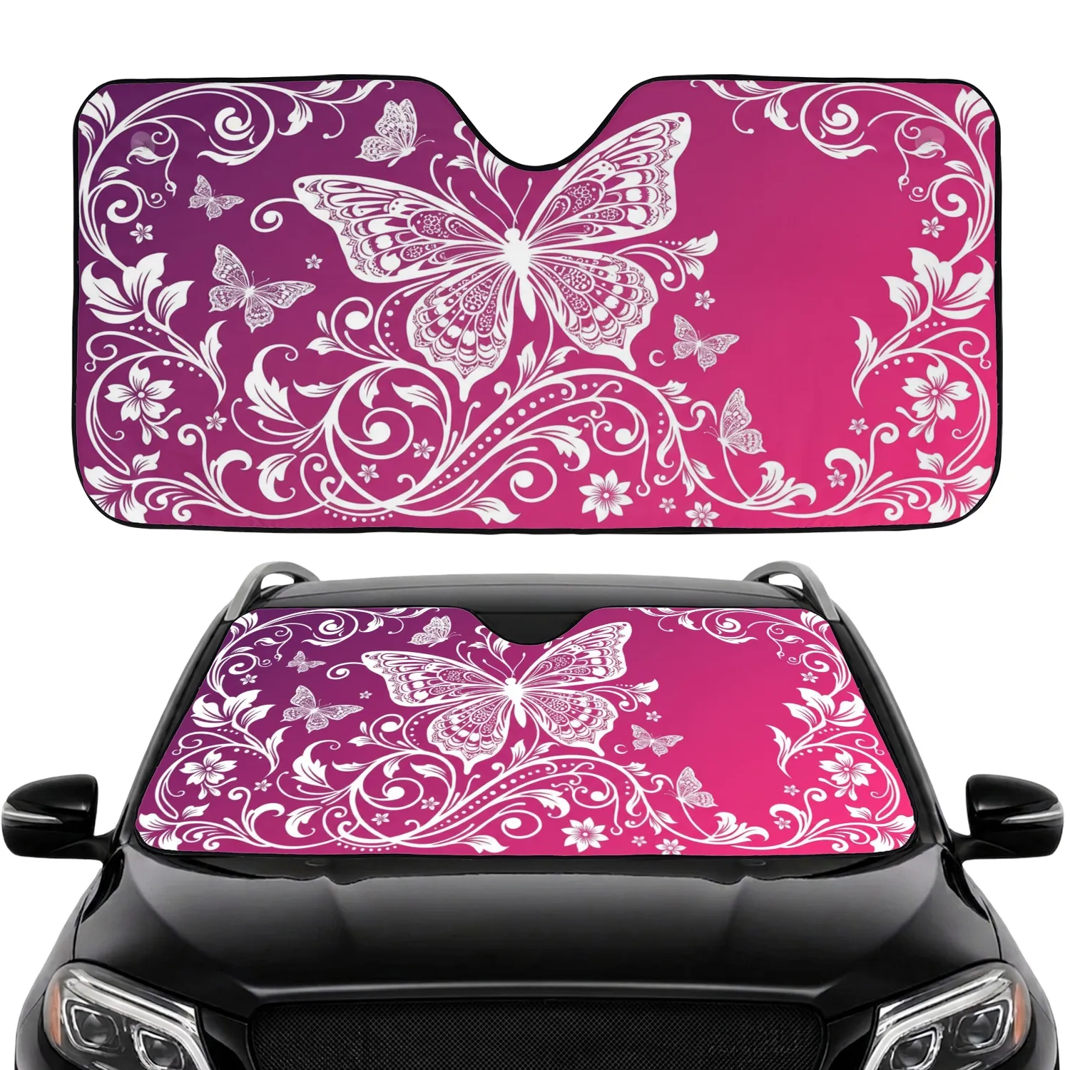 White Butterfly Lace Wings Small Butterflies Purple Pink Floral Scrollwork - Home Decor Gift Car Sunshade - 1
