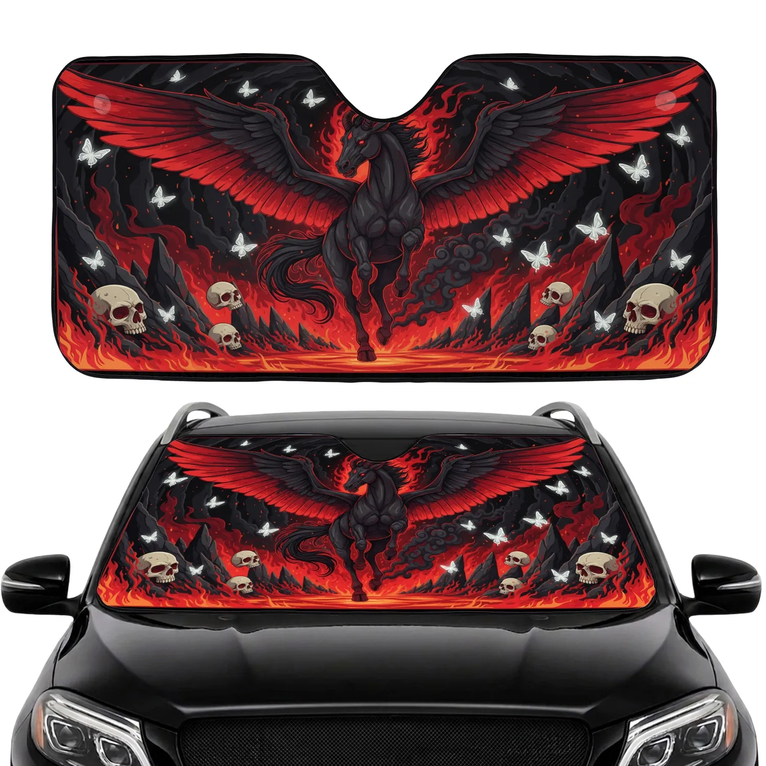 Fierce Winged Dragon-Horse Skulls Crimson Aura - Dark Fantasy Lover Gift Car Sunshade - 1