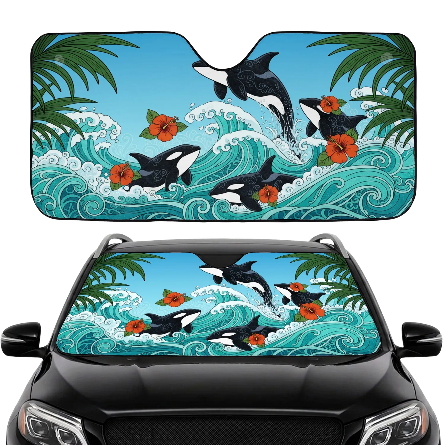 Orcas Palm Fronds Hibiscus Tropical Seascape - Wildlife Lover Gift Car Sunshade - 1