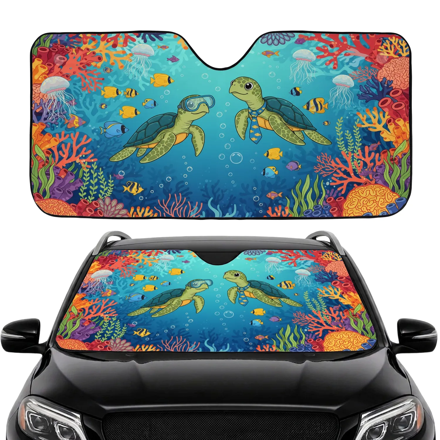 Two Sea Turtles Tropical Fish Jellyfish Coral Reef - Ocean Lover Gift for Marine Life Enthusiasts Car Sunshade - 1
