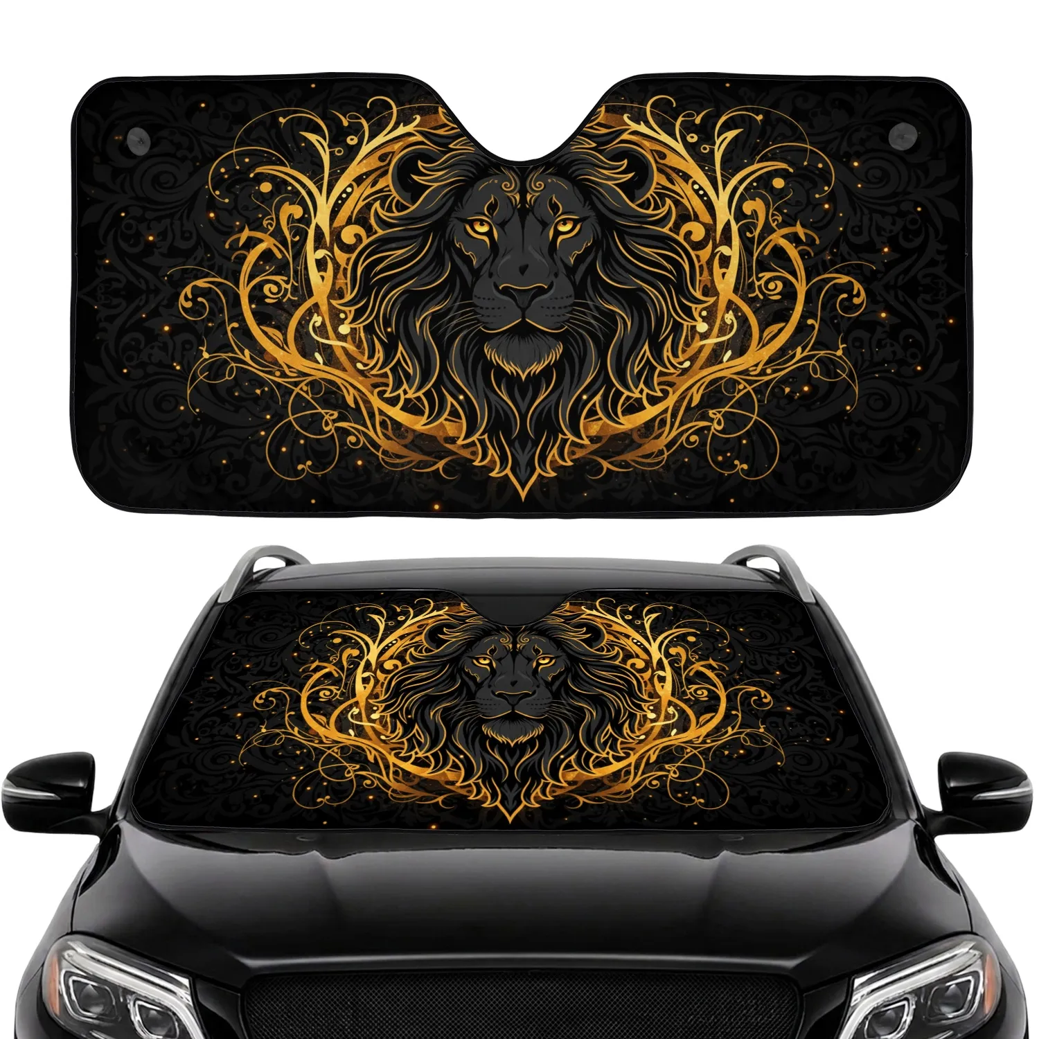 Black Lion Head Glowing Eyes Golden Swirls - Wildlife Lover Gift for Lion Lover Car Sunshade - 1