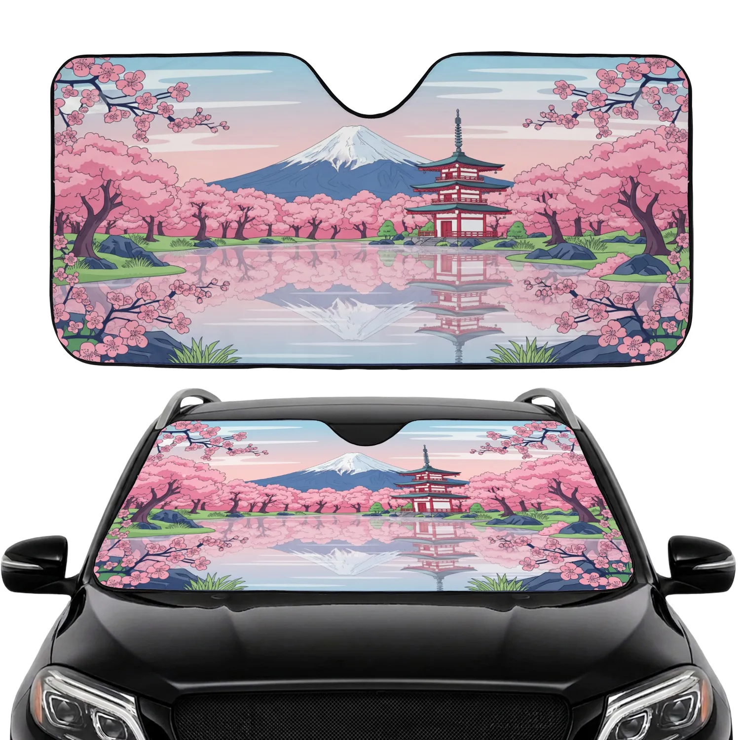 Mount Fuji Japanese Pagoda Cherry Blossom Lake - Japanese Culture Gift Car Sunshade - 1
