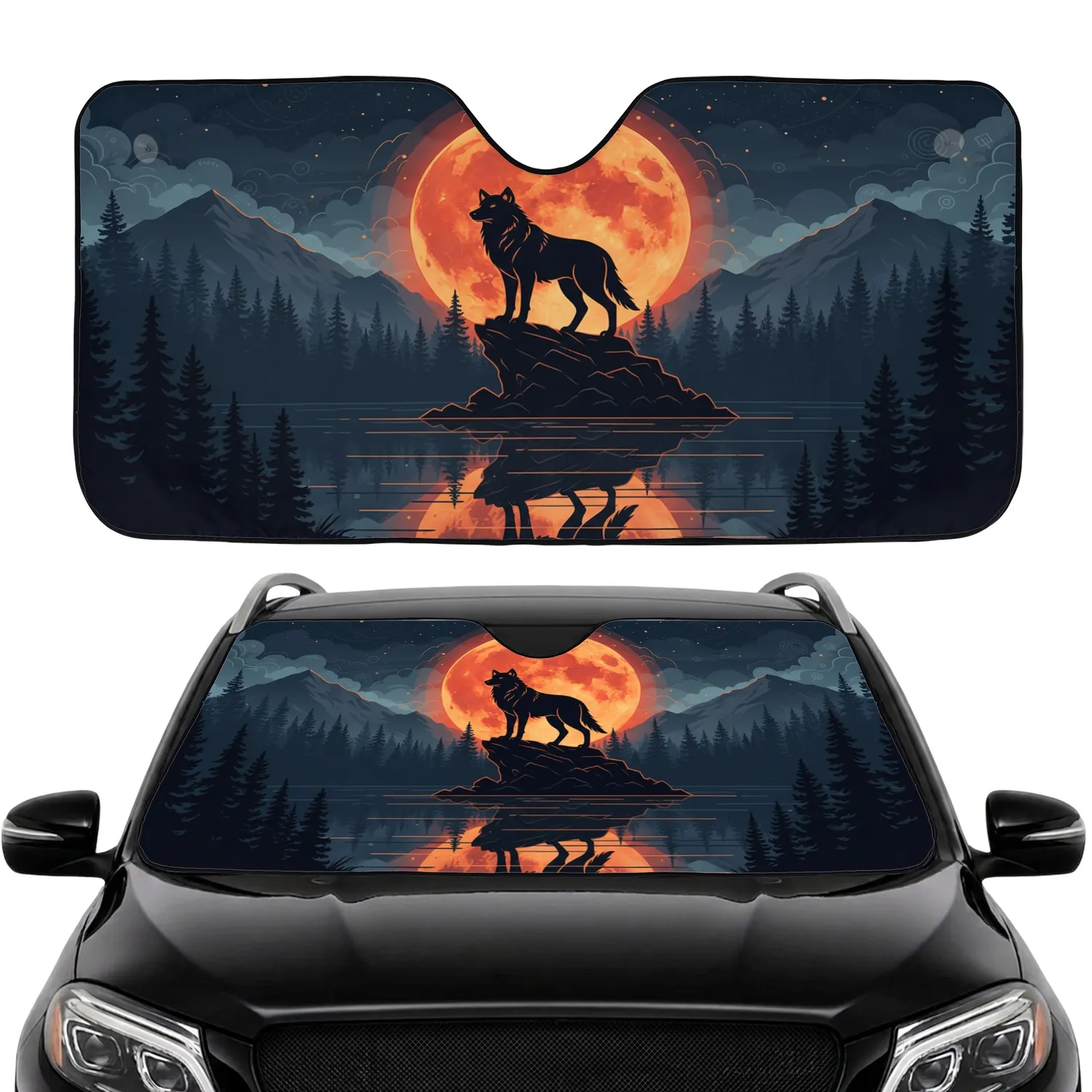 Wolf Silhouette Fiery Orange Moon - Wildlife Lover Home Decor Gift Car Sunshade - 1