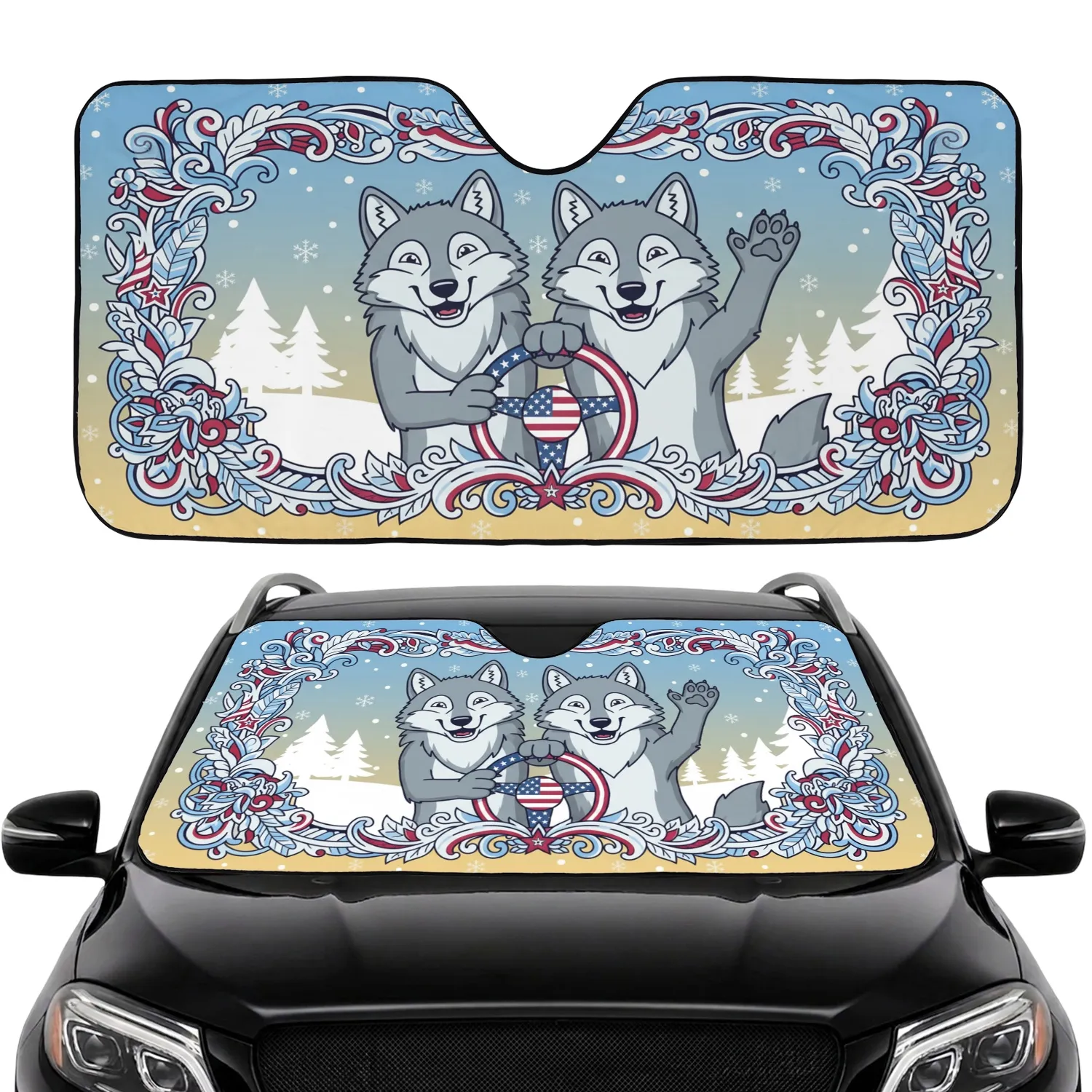 Two Friendly Gray Wolves American Flag Winter - Patriotic Wildlife Car Decor Car Sunshade - 1