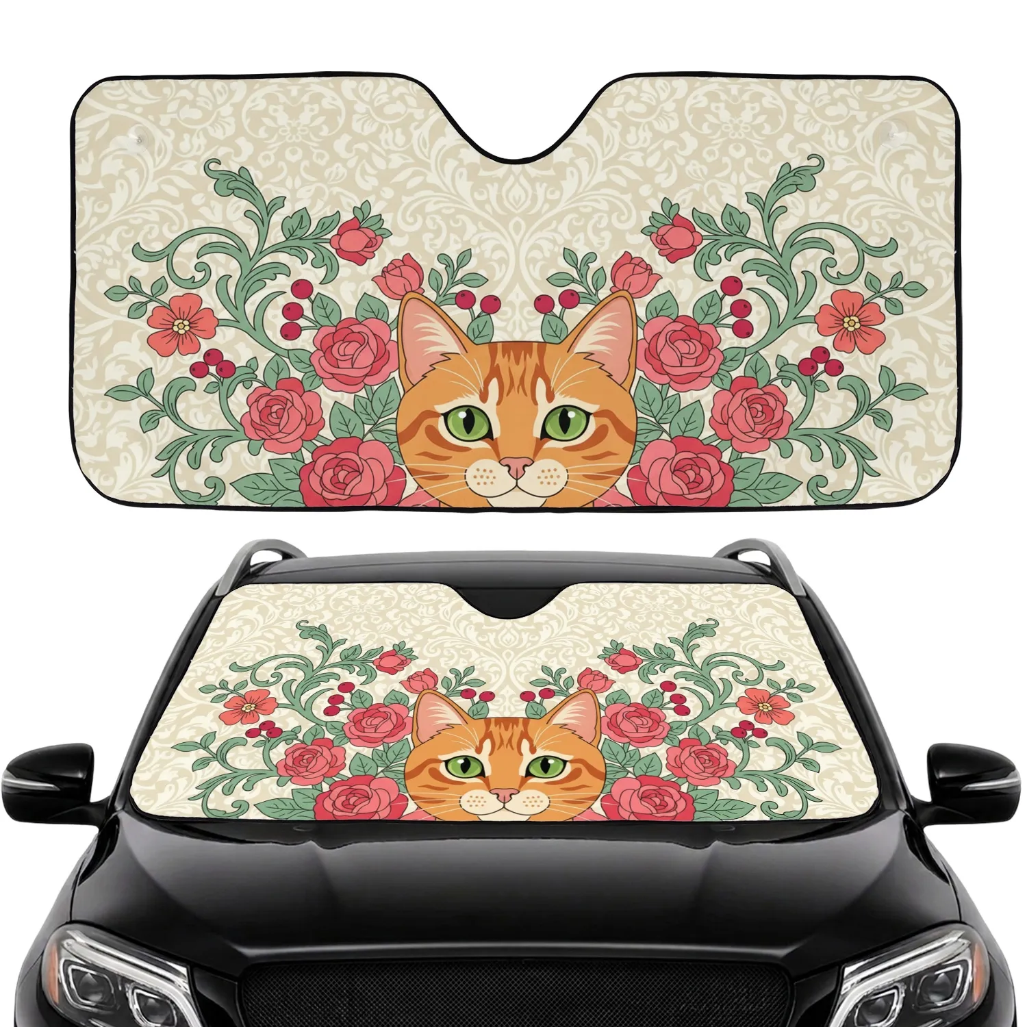 Orange Tabby Cat Floral Roses Berries - Cat Lover Home Decor Gift Car Sunshade - 1