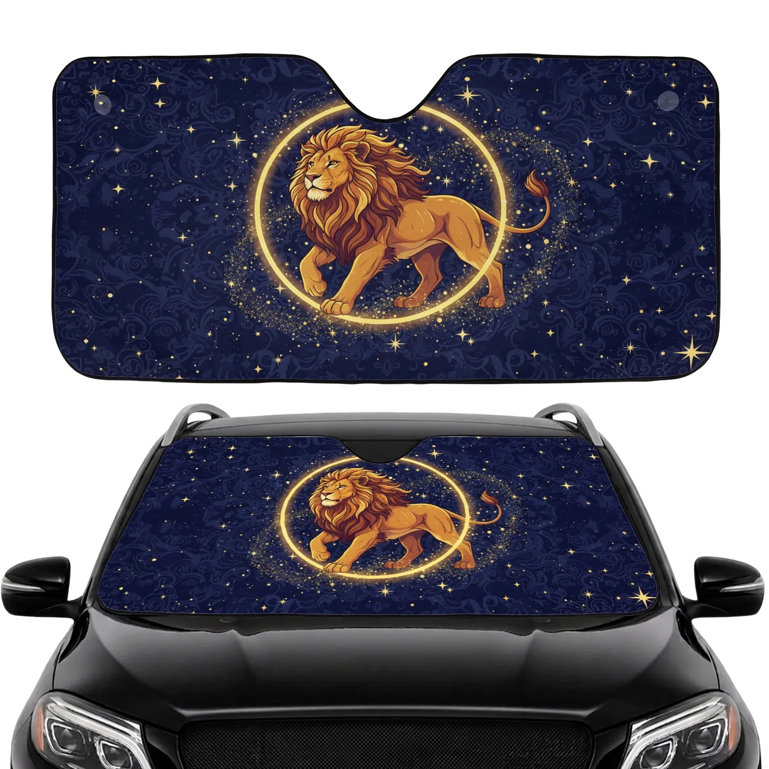 Regal Lion Golden Ring Vibrant Mane Cosmic Nebula - Luxury Car Decor Gift Car Sunshade - 1