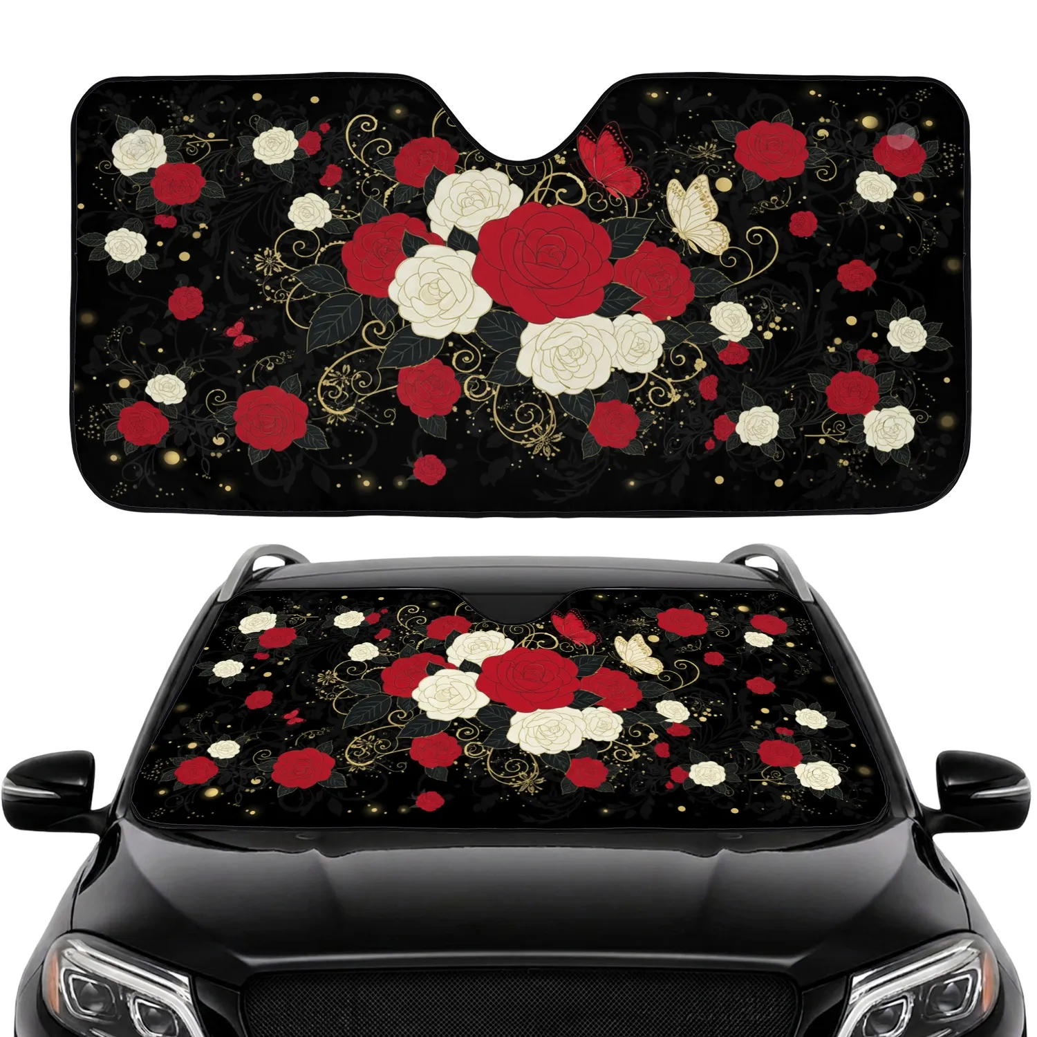 Black Background Crimson Roses White Camellia Butterflies Gold - Home Decor Gift Car Sunshade - 1