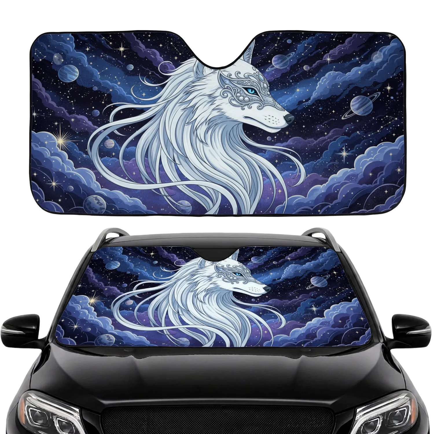 White Celestial Wolf Pearl Mask Cosmic Nebulae Stars Planets - Celestial Lover Gift Car Sunshade - 1