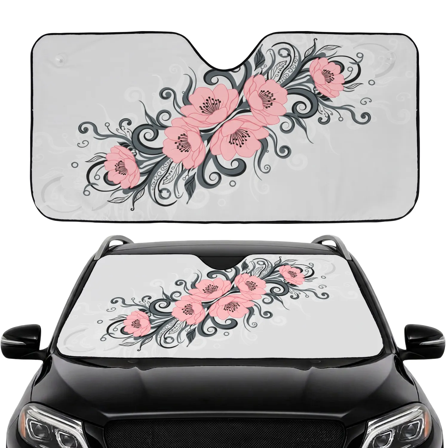 Pink Floral Blossoms Dark Grey Swirling Ribbons Tendrils - Home Decor Gift Car Sunshade - 1